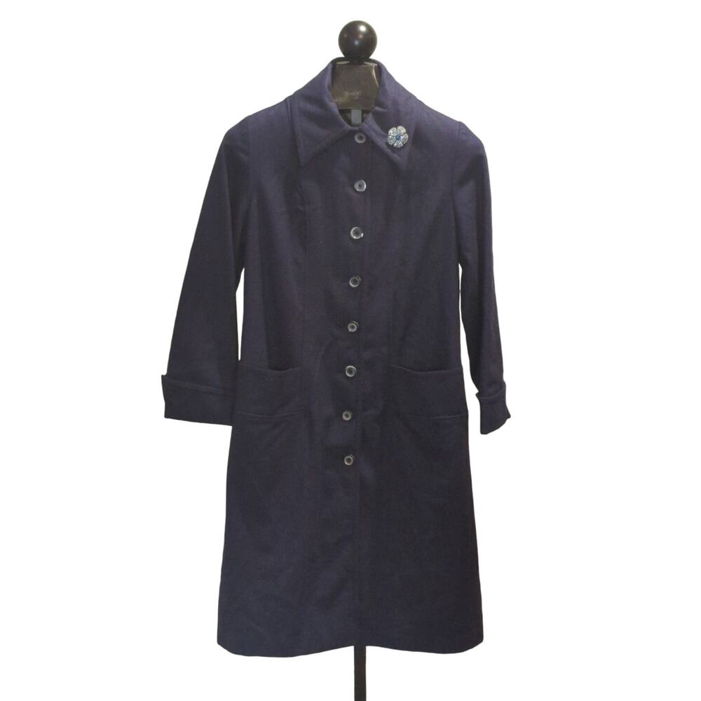 Davis of Boston Vintage Navy Wool Coat Size 12 Brooch Classic Mid Calf Length